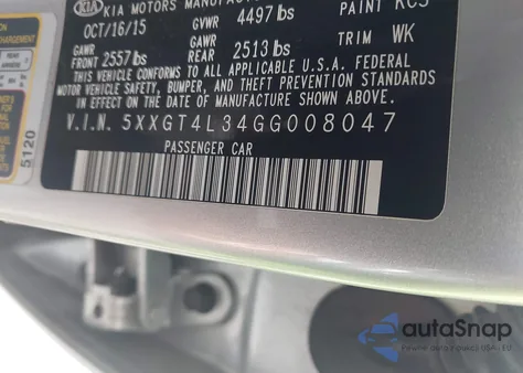 2016 Kia Optima Lx from USA, damaged, VIN 5XXGT4L34GG008047